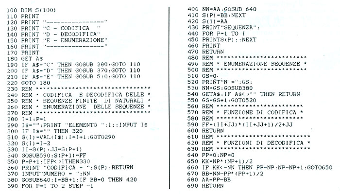 Progamma in BASIC per la codifica e decodifica delle sequenze finite di naturali