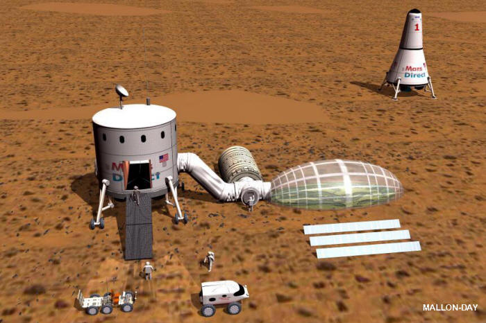 Un'ipotetica base spaziale su Marte. Si noti l'Earth Return Vehicle per il rientro sulla Terra