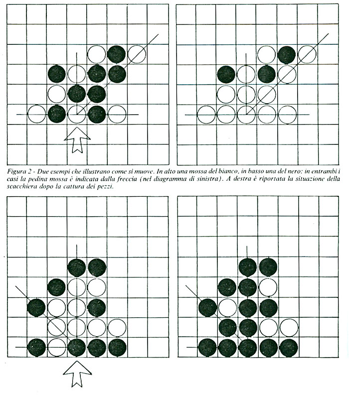 Figura2: Due esempi che illustrano come si muove. In alto una mossa del bianco, in basso una mossa del nero: in entrambi i casi la pedina mossa  indicata dalla freccia (nel diagramma di sinistra). A destra  riportata la situazione della scacchiera dopo la cattura dei pezzi.