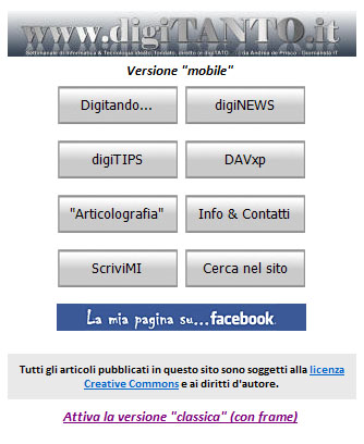 Homepage della versione mobile