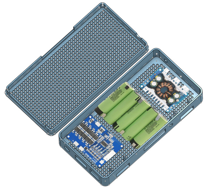 Simulazione del contenitore e dei principali componenti interni. Da sinistra. BMS+charger, pacco batterie 5pS1, Boost Buck Converter. Immagine_inline